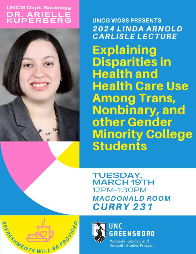 poster for past lecture event from Dr. Arielle Kuperberg called "Explaining Disparities in Health and Health Care Use Among Trans, Nonbinary, and other Gender Minority College Students"
