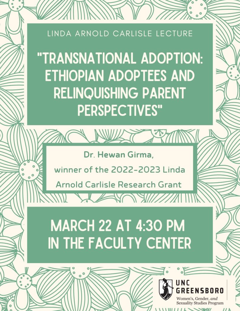 poster for past lecture event from Dr. Hiwan Girma, entitled "Transnational Adpotion: Ethiopian Adoptees and Relinquishing Parent Perspectives"