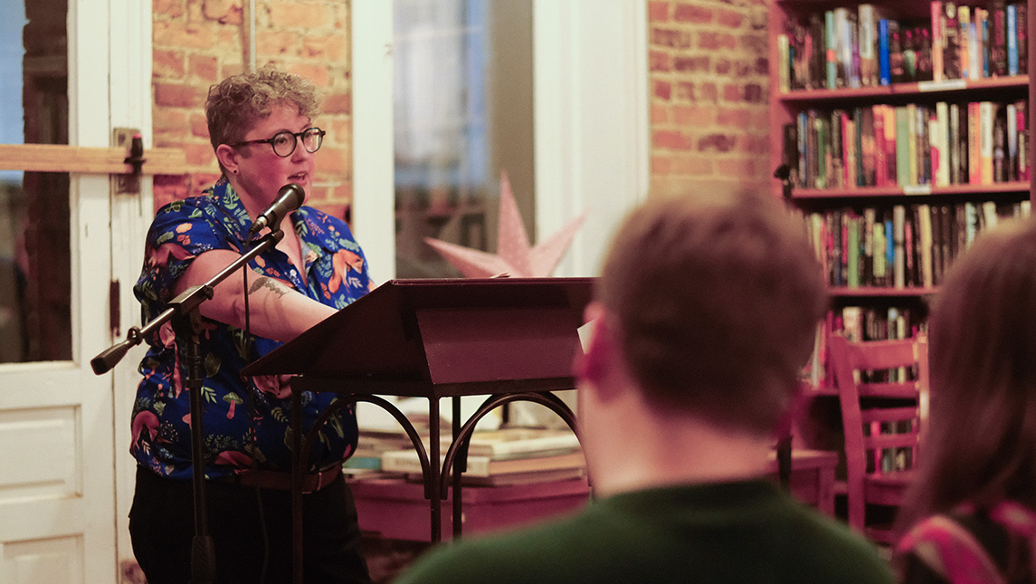 Emilia Phillips at their book reading for 
