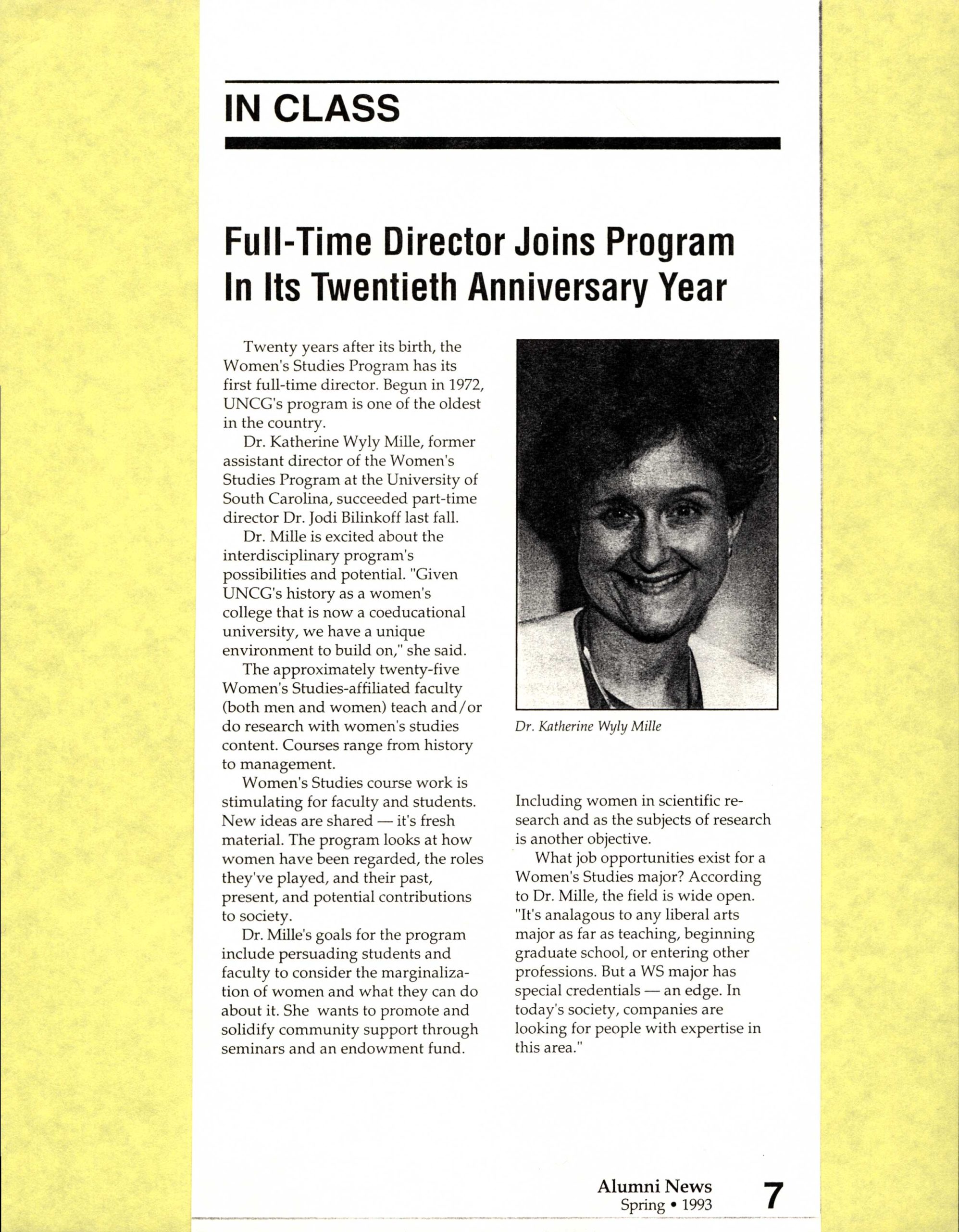 Article discussing Dr. Katherine W. Mille's arrival at UNCG as the first full-time Program director, Spring 1993. 