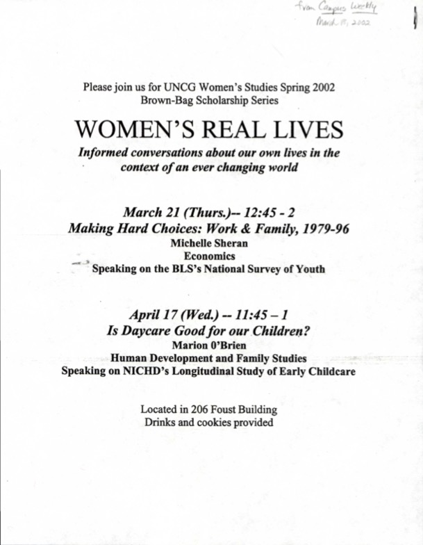 Women's Real Lives, Event Flyer, Spring 2002. 