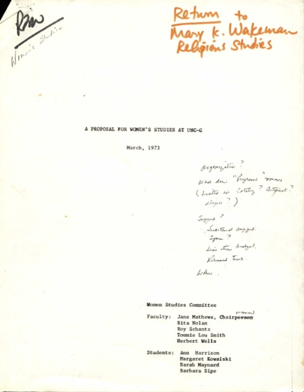 Original proposal for creation of the Women's Studies Program at UNCG, March 1973.