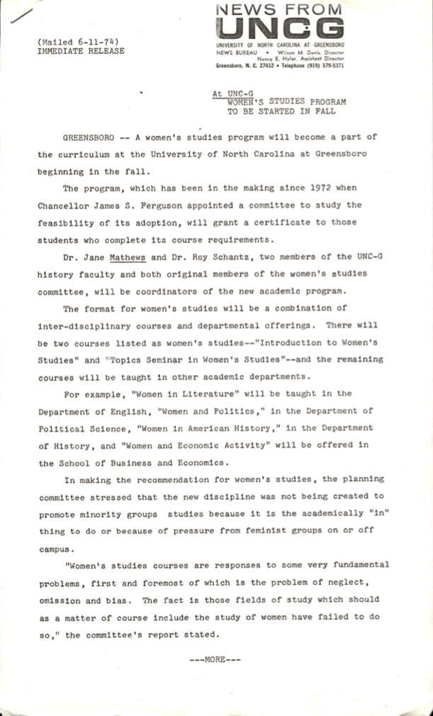 Press release announcing the beginning of a Women's Studies Program on UNCG's campus, June 1974.