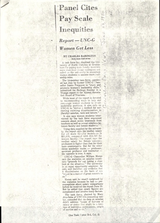Newspaper clipping from The Greensboro News and Record reporting on unfair pay discrepancies between women and male faculty at UNCG, June 1980.