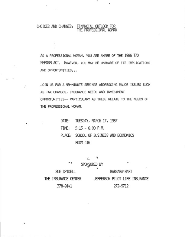 Choices and Changes: Financial Outlook For The Professional Woman, Event flyer, March 1987. 